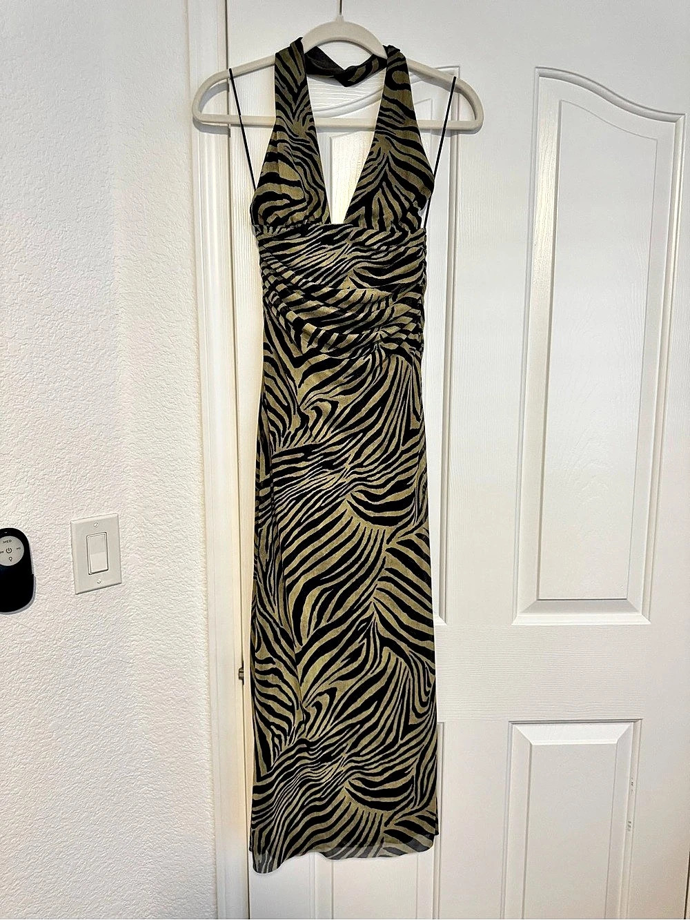 ZARA Animal Print Long Halter Dress Black & Gold Small